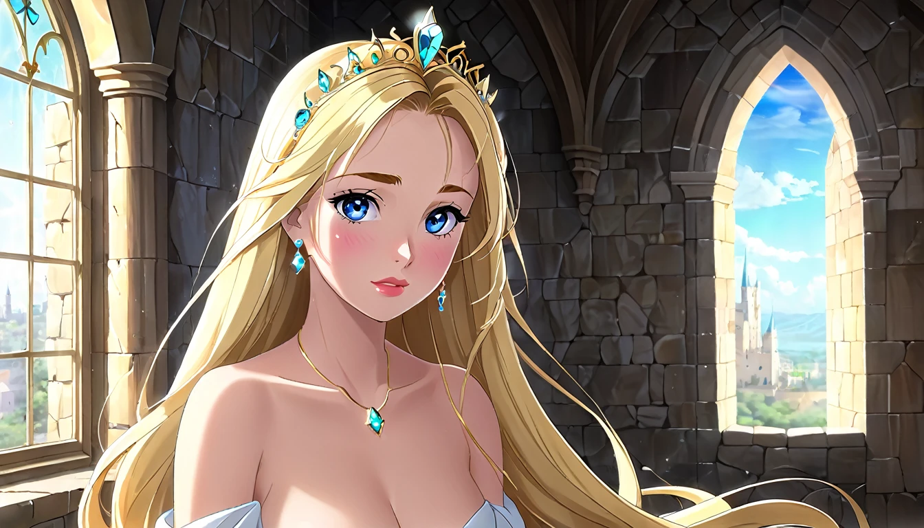 Esmeralda, 18 years old, long blonde hair like gold, blue eyes like the brilliance of a diamond, big breasts, naked, sad because someone from her own family was about to rape her while she was on the floor of the castle in her older sister&#39;s room at night, all made of glass. naked crying 