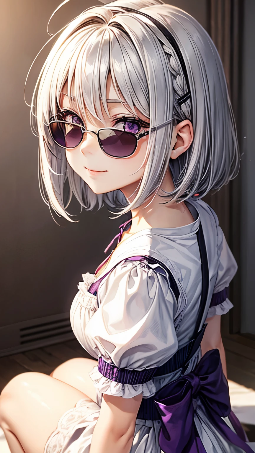 16 years old Japanese active girl (( small breast , very slender)),straight hair ((shiny silver color ,short hair )),((asymmetrical much shaggy long forelock)),BREAK, ((white dirndl, have a white cane )) , looks tidy and calm smile ,BREAK, big droopy blinded eyes, ((dark purple big sunglasses)), blush , BREAK, cheerful and tidy atmosphere,((face focus:1.3)),(( looking back pose)), best quality 