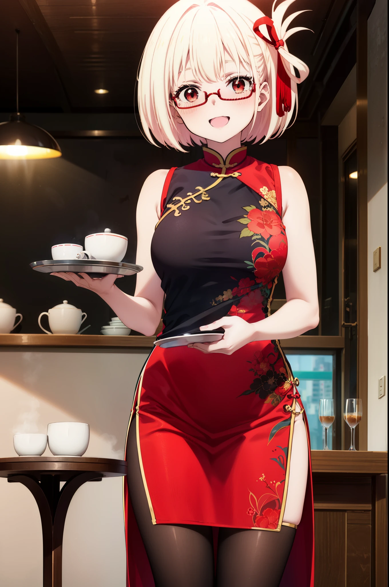 chisatonishikigi, Chisato Nishikigi, short hair, bangs, blonde hair, (red eyes:1.5), hair ribbon, one side up, bob cut,happy smile, smile, open your mouth,blush,
Sleeveless red Chinese dress,Red long slit,white pantyhose,stiletto heels,Akabuchi Glasses,Tables and chairs, cleaning, tray, tray in one hand
break indoors,Chinese style coffee shop,
break looking at viewer, whole body,(cowboy shot:1.5),
break (masterpiece:1.2), highest quality, High resolution, unity 8k wallpaper, (figure:0.8), (detailed and beautiful eyes:1.6), highly detailed face, perfect lighting, Very detailed CG, (perfect hands, perfect anatomy),