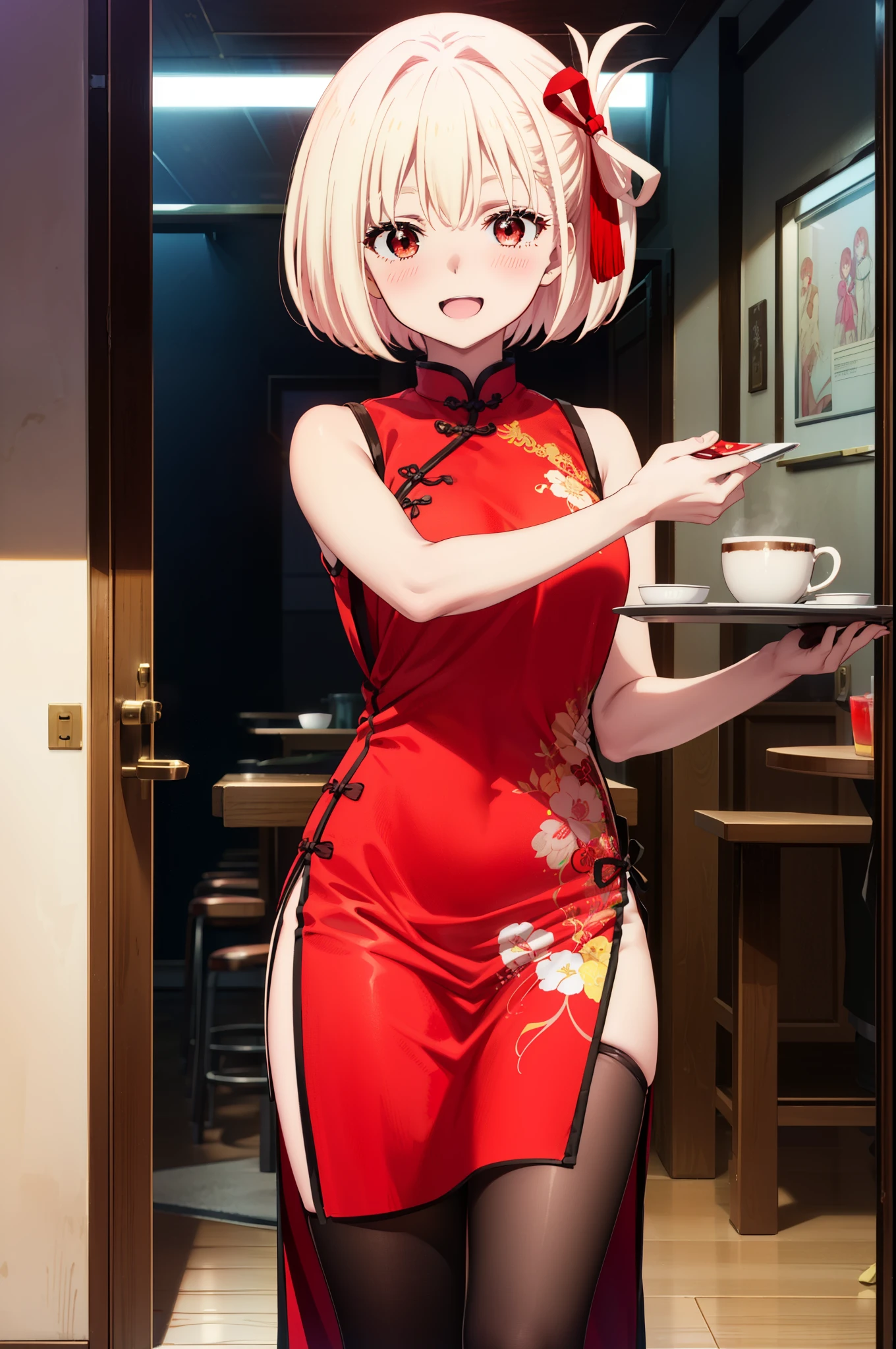 chisatonishikigi, Chisato Nishikigi, short hair, bangs, blonde hair, (red eyes:1.5), hair ribbon, one side up, bob cut,happy smile, smile, open your mouth,blush,
Sleeveless red Chinese dress,Red long slit,white pantyhose,stiletto heels,Akabuchi Glasses,Tables and chairs, cleaning, tray, tray in one hand
break indoors,Chinese style coffee shop,
break looking at viewer, whole body,(cowboy shot:1.5),
break (masterpiece:1.2), highest quality, High resolution, unity 8k wallpaper, (figure:0.8), (detailed and beautiful eyes:1.6), highly detailed face, perfect lighting, Very detailed CG, (perfect hands, perfect anatomy),