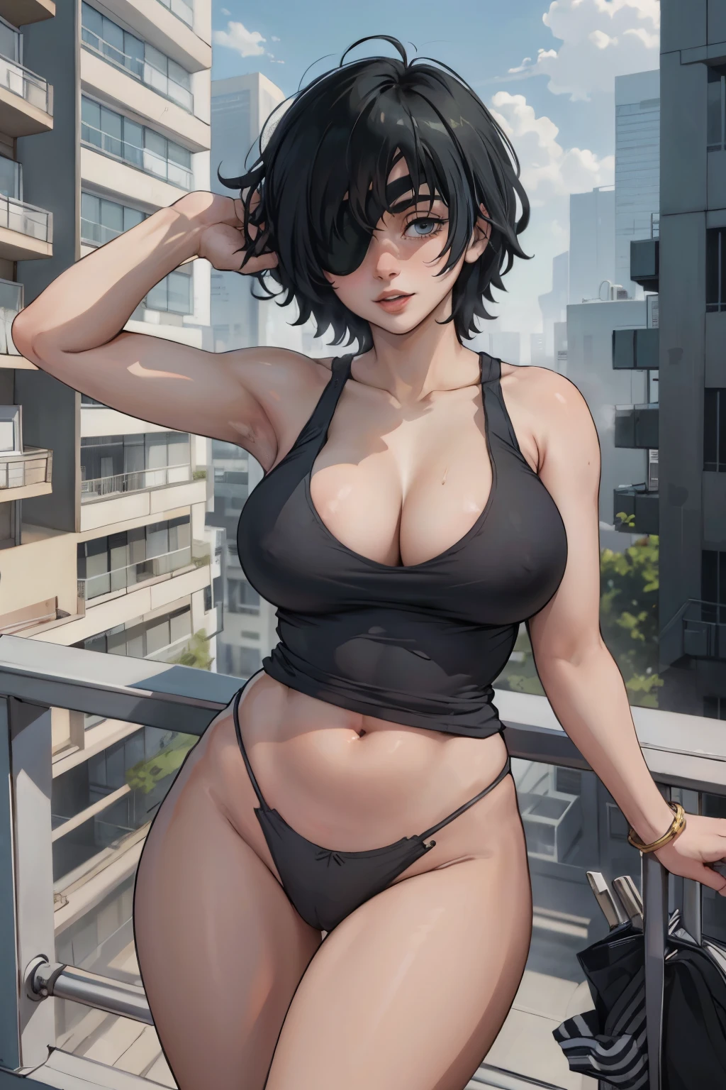 digital art, Himeno, masterpiece, best quality, sexy pose, at the balcony, tank top, panties