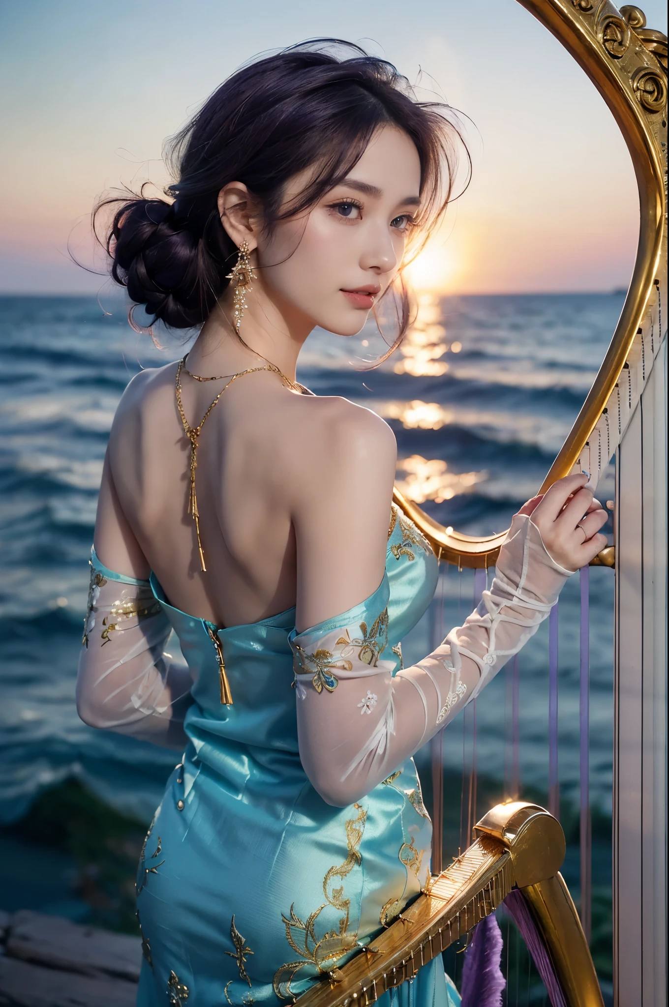 (Extremely meticulous CG),(((8k))),wallpaper,((Extremely refined and beautiful)),(((Masterpiece))),(((best qualtiy))),(((Ultra High Resolution))),beautiful light up,Perfect lightning,realistic shaded,(Smooth and flawless fair skin:1.5),Extremely exquisite facial details,(ultra-detailed:1.5),((a beautiful girl)),(singer:1.2),(medium wavy purple hair:1.2),(small head:1.2),(slender face:1.2),(Exquisite makeup:1.3),(earrings:1.2),(necklace:1.2),(happy:1.2),(laughing:1.2),(perfect body:1.1),(gorgeous Golden embroidered one-shoulder blue Indian gauze dress:1.3),(bare back:1.3),(lace gloves:1.2),(small breasts:1.2),(flat chests:1.2),((slim,thin)),(from back:1.3),(close-up of upper body:1.3),(standing:1.3),(On the cliff by the seaside:1.3),(outdoor:1.2),dark clouds,light shining,(beside the harp:1.3),dynamic lines,notes flying,notes as radiance,confident gaze,elegant posture,mysterious atmosphere,solemn mood,beam of light,deep blue sky,dawn approaching,detailed decorations,(different colors for harp strings:1.2)