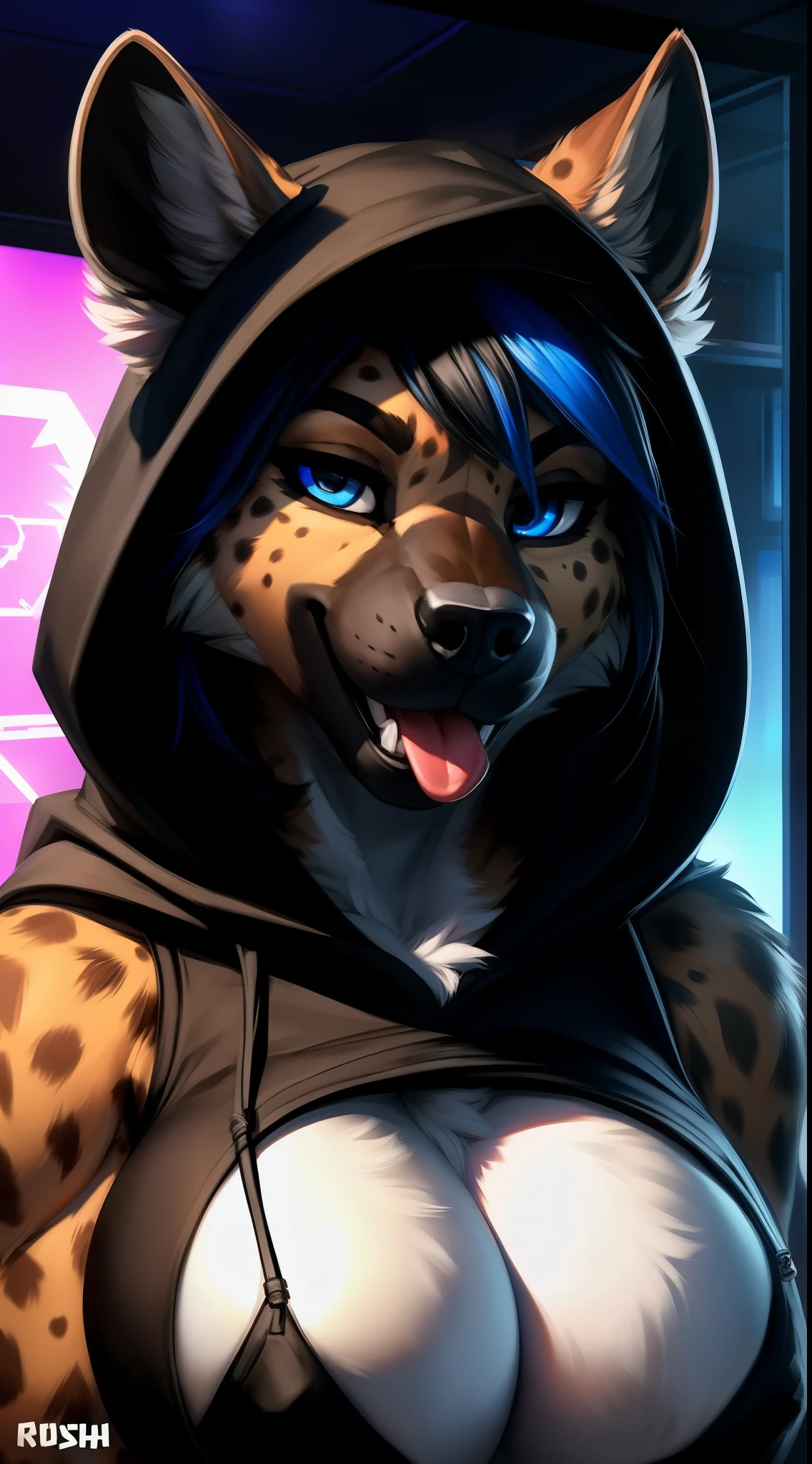 Draft Sketch (sfw)))), uploaded the e621, beautiful and detailed,woman (((female))) ((anthro)) hyena, Ross Tran, by ruan jia, by zaush, by foxovh, lighting cinematic, seductor, hyena, thighighs, (huge chest) foxovh 1girls ai_generated bare_shoulders big_breasts blue_eyes boob_window Black hair with blue highlights cleavage cleavage_cutout female female_only huge_breasts looking_at_viewer mole_on_breast ponytail secret_room12 sleeveless (, furry female anthro, hyena girl, portrait, close-up, smug face looking at the viewer (hoodie:1.2), hood up, solo, (body fur:1.2), (best quality), (detailed gamer room background:1.2), dramatic lighting, ), looking at viewer, closed mouth, balaclava nipple visible, acidentaly showouth open tongue out sexy (boos covered under the hood) closed hoods