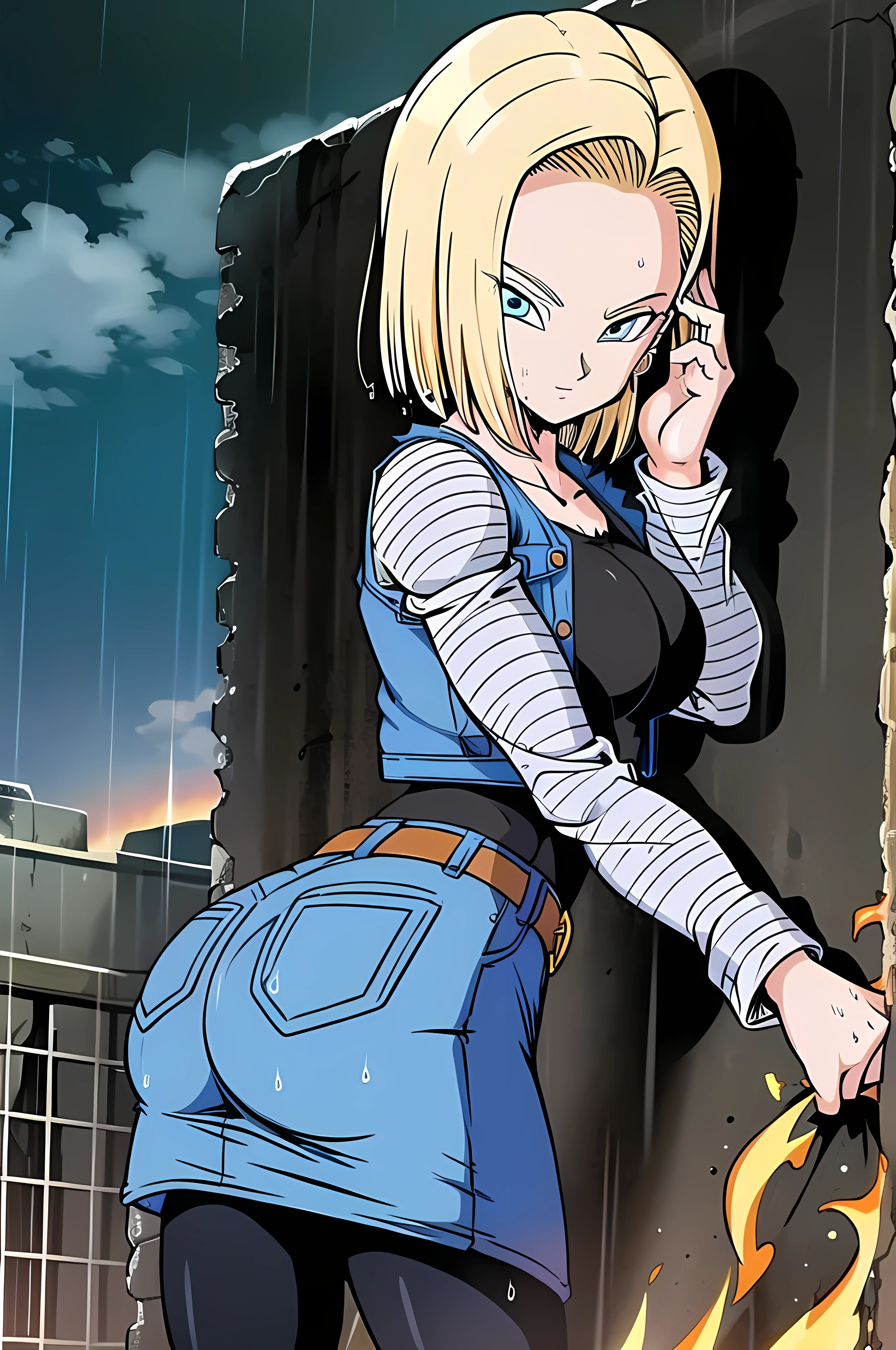 masterpiece, detailed face, retro artstyle, 1990s \(style\), 
android 18,  classic look, 1girl, solo, looking at viewer, short hair, blue eyes, blonde hair, collarbone, 
cowboy shot, (laughing), evil, touching hair,
fire, smoke, ruined city, wet hair, rain, 
black shirt, denim jacket, vest, striped sleeves, belt, denim skirt, black pantyhose, 
 ((nice ass)), ((large breasts))