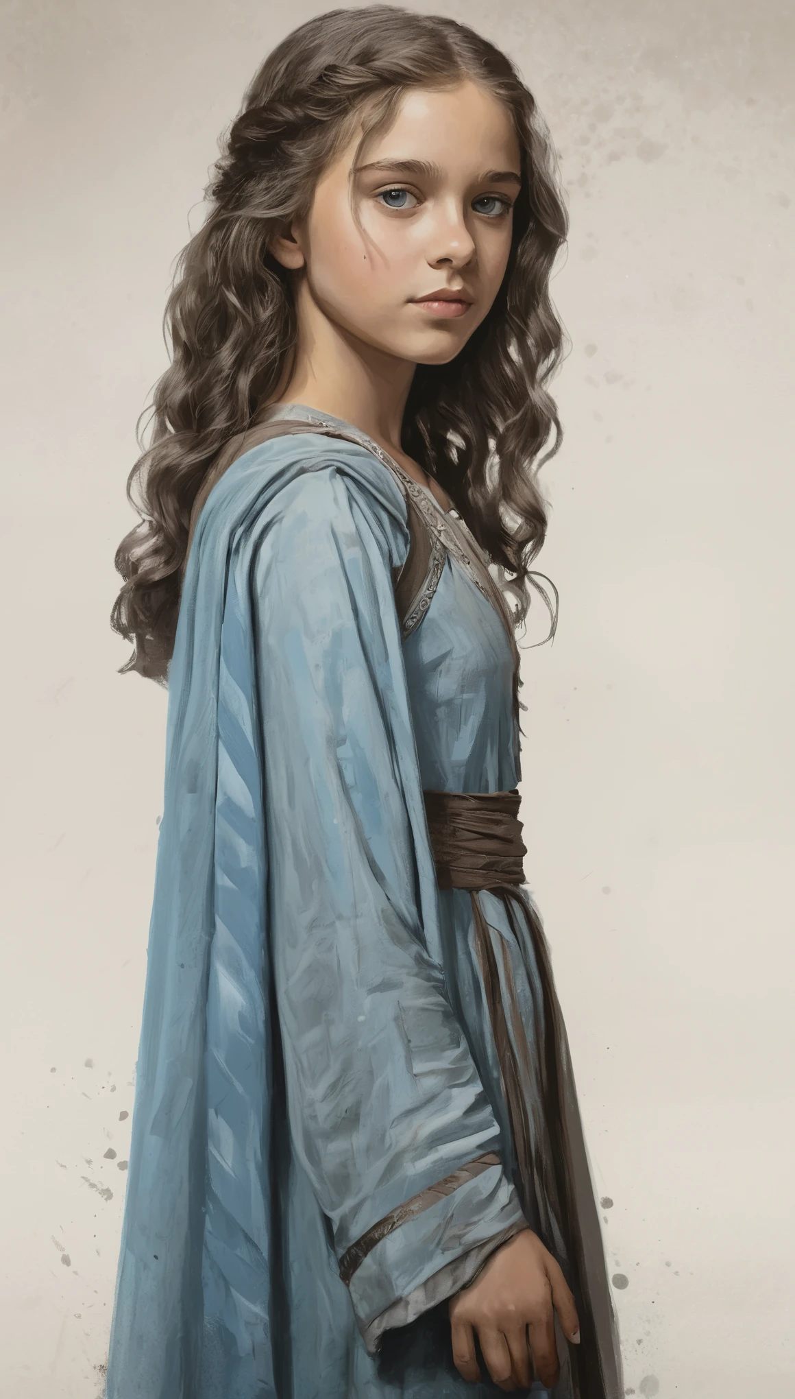 An illustrated movie poster, hand-drawn, full color, a young girl, wearing a chiton, warm brown complexion, pale blue eyes, ashy hair, long loose curls, waist-length hair, posing on a pedestal, hard shadows, graphite shading, stencil marks, airbrushed acrylic paint, masterpiece, in the style of Game of Thrones