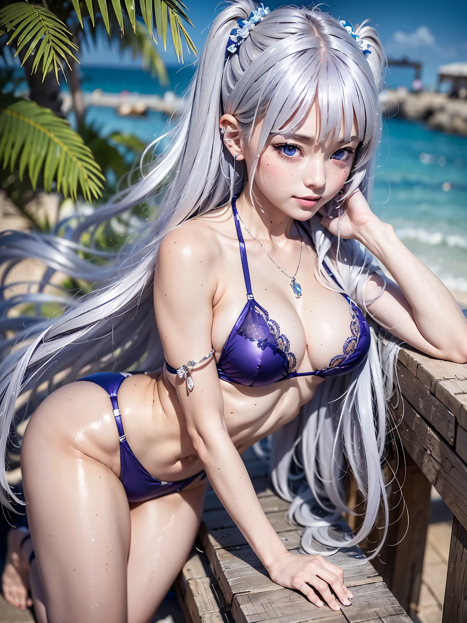 (masterpiece:1.3), (8K、photorealistic, Raw photo, best quality:1.4), (1 girl), (solo), ( beautiful silver-haired Scandinavian girl), (Very beautiful and attractive woman, beautiful silver hair、intense purple eyes, strong eye highlights), (cute, little:1.5), (very beautiful face:1.5), (Beautiful face with perfect symmetry:1.2), (cute face:1.5), (wonderful smile:1.2), (perfect anatomy), (high detail skin: 1.2), (natural breasts), (beautiful thighs), (Intense blue eyes), (Beautiful silver hair), ((twin tail hair)), crossed bangs, asymmetrical bangs, lip gloss, (accurate arm, five fingers, accurate legs), (Detailed purple bikini swimsuit:1.2), (The bikini features detailed lacework., Decorated with light blue embroidery), (decorative headband, necklace), (Stylish high heels), Attractive, ultra high resolution, Super realistic, extremely detailed, golden ratio, Photorealistic anime girl rendering, Realistic anime 3D style, look at viewer, Summer coastal resort, ((6 p.m., Beautiful sea and flower background in the evening)), ((beautiful smile)),