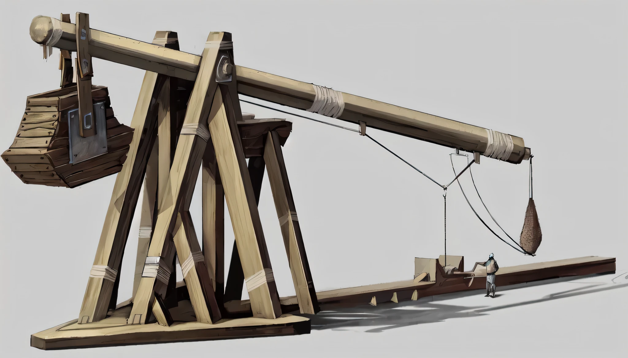 detailed trebuchet,(best quality,4k,8k,highres,masterpiece:1.2),ultra-detailed,realistic:1.37,illustration,model,wooden structure,medieval siege weapon,catapult,launching stone projectiles,counterweight mechanism,giant throwing arm,precise engineering,heavy metal chains,ropes and pulleys,castle siege,fortress defense,siege warfare,war machine,accuracy and power,destructive force,tension and anticipation,thrust and release,loud and thunderous,battlefield chaos,dramatic impact,flaming projectiles,archaic weaponry,fierce conflict,armor-clad soldiers,medieval warfare strategy,medieval landscape,war-torn field,vivid colors,torch-lit night scene,dramatic shadows and highlights.