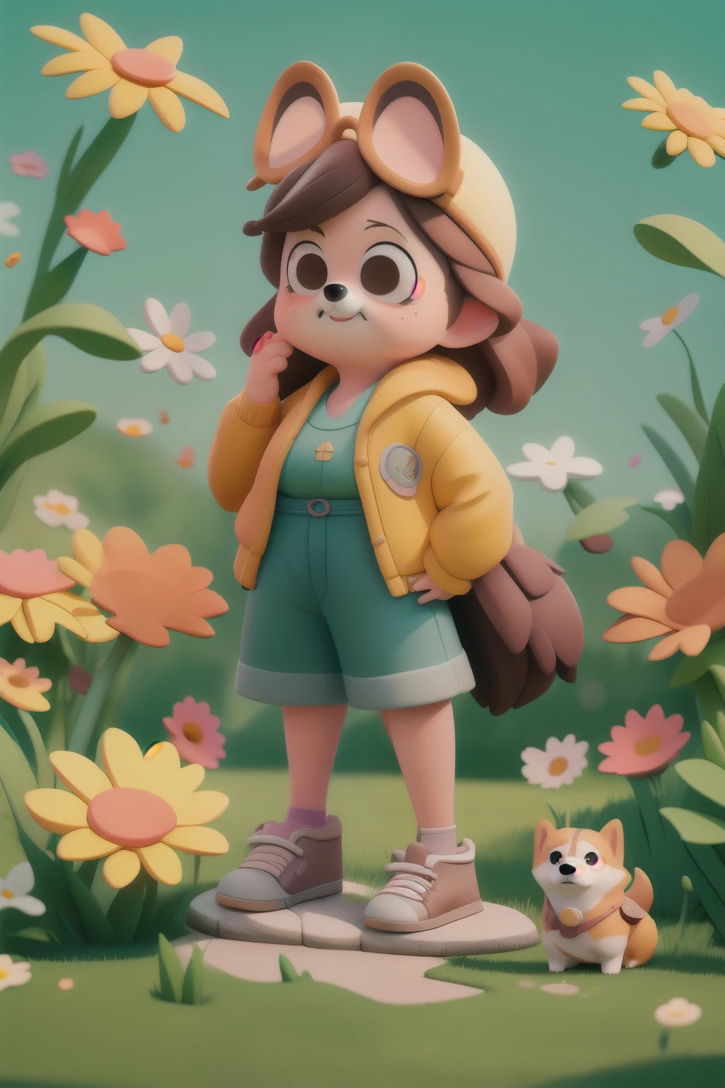 estilo de dibujos animados, (estilo pixar), una linda chica y un cachorro corgi, session,  extendiendo la mano para tocar la cabeza del corgi, warm interactive atmosphere, al aire libre, Park Lawn, 3d, Motor irreal, cara detallada, suave luz del sol, glare, aves, flores