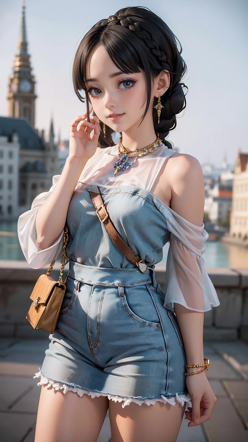 最high quality, 8K, masterpiece: 1.3, Ultra HD, high quality, 最high quality, High resolution, realism)) 、25 year old white woman、brunette、blue eyes、long hair、smile、slender、slenderだがアスリートのような細マッチョ、I don&#39;t want my head to disappear from the screen.、Wear accessories on your wrist、Wearing red nail polish、I have a peticure、aerial perspective((atmospheric perspective))、smile((smiley))、background blur((depth of field)、Wear a sheer one-shoulder dress、Wear low rise skinny jeans、Wear stiletto heels、have a clutch bag、City center background、crystal earrings((crystal earrings))、Braided ponytail((braided ponytail))、Bangs at the parting((parted bangs))、Barrette((hairclip))Put on