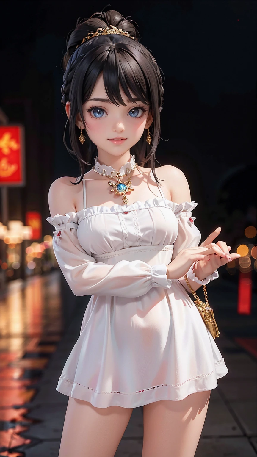 最high quality, 8K, masterpiece: 1.3, Ultra HD, high quality, 最high quality, High resolution, realism)) 、25 year old white woman、brunette、blue eyes、long hair、smile、slender、slenderだがアスリートのような細マッチョ、I don't want my head to disappear from the screen.、Wear accessories on your wrist、Wearing red nail polish、I have a peticure、aerial perspective((atmospheric perspective))、smile((smiley))、background blur((depth of field)、Wear a sheer one-shoulder dress、Wear low rise skinny jeans、Wear stiletto heels、have a clutch bag、City center background、crystal earrings((crystal earrings))、Braided ponytail((braided ponytail))、Bangs at the parting((parted bangs))、Barrette((hairclip))Put on