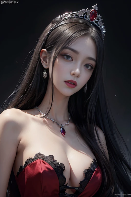 highest quality、masterpiece、8K、Award-winning work、hyper realism、Vampire Princess、恐ろしいVampire Princess、Natural forehead、spooky、white skin、evil makeup、No expression、((scary 1.5)、)close up of face、close-up photo of face、Photographing faces with beautiful composition、the most detailed and beautiful face、a merciless look、look at me、long eyelashes、spookyなメイク、black lips、eye shadow、艶のあるblack lips、Finest super high detail skin、The most detailed eyes、(The most luxurious and highest quality giant tiara、The most luxurious and highest quality giant necklace、The most luxurious giant ruby、The most luxurious jewelry decoration、The most luxurious and finest red princess dress in black)、cleavage、pitch black background、dark、Beautiful long wavy hair、Full body photo 1.5、Bare shoulders 1.2、Corset at the waist、Ceiling lighting 1.5、Matte Photo 1.4