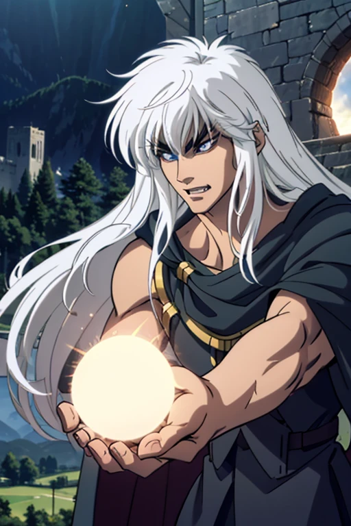 1man,solo,long hair,white hair,muscular,long eyelashes,thick eyelashes,slit pupils,cape,powering up,fangs,handsome,((perfect anatomy)),forest,castle,scenery,eclipse,