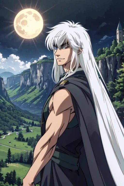 1man,solo,long hair,white hair,muscular,long eyelashes,thick eyelashes,slit pupils,cape,powering up,fangs,handsome,((perfect anatomy)),forest,castle,scenery,eclipse,