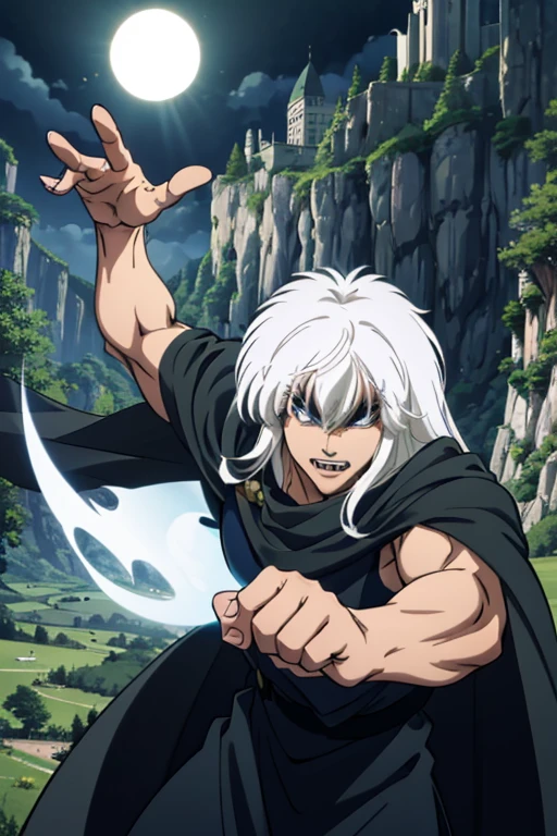 1man,solo,long hair,white hair,muscular,long eyelashes,thick eyelashes,slit pupils,cape,powering up,fangs,handsome,((perfect anatomy)),forest,castle,scenery,eclipse,