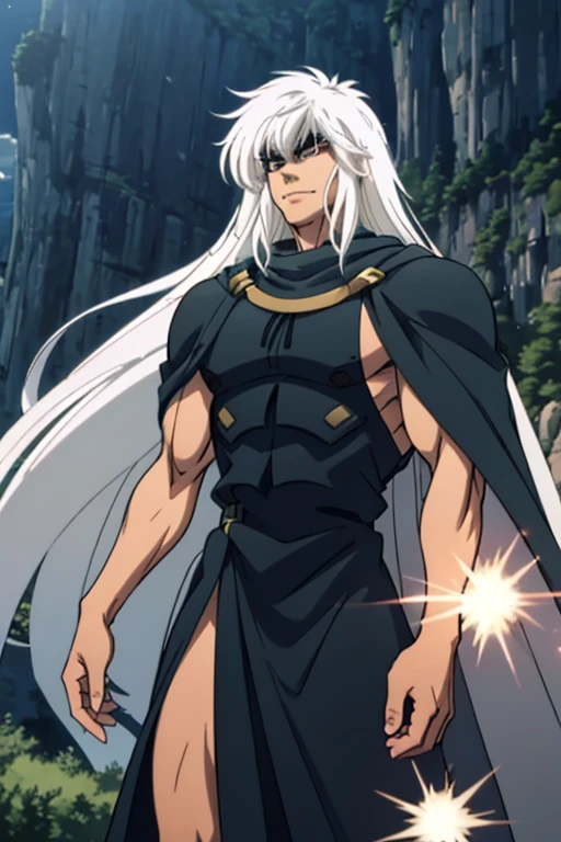 1man,solo,long hair,white hair,muscular,long eyelashes,thick eyelashes,slit pupils,cape,powering up,fangs,handsome,((perfect anatomy)),forest,castle,scenery,eclipse,