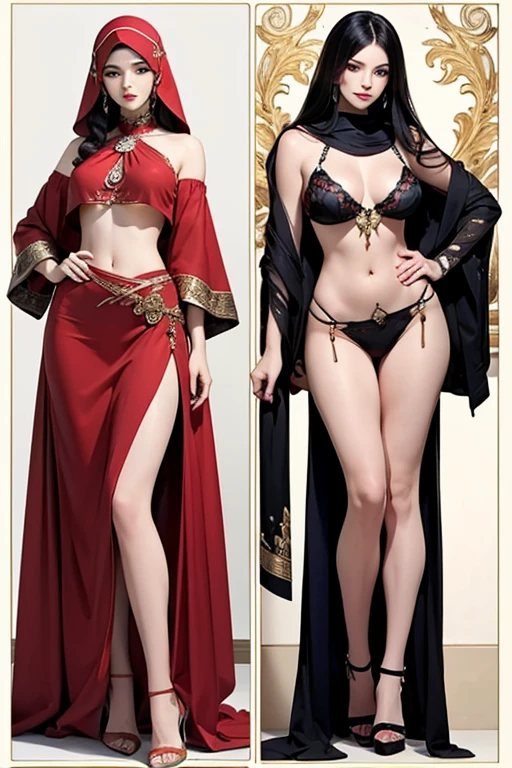 A concept art of an Arab woman presenting the same face from different angles. The woman is dressed in a silk hijab, crimson red Arab princess outfit, stockings, and 7 inch high heels. She has a tattoo under her belly button. Artwork should feature the following details: - The woman has beautifully detailed eyes and lips. -Her face is extremely detailed and expressive. - The hijab is made from a fluid, silky material with intricate patterns and vibrant colors. - The Arab princess's outfit is a vibrant crimson red color, emphasizing the woman's curves. - The socks are sheer and tightly fitted, improving a woman's legs. - 7 inch high heels are elegant and fashionable, adding height and confidence to a woman's posture. - The tattoo below the navel is complex, adding a touch of mystery and fascination. Image quality must be at its best, with 4K or 8K resolution, ensuring ultra-detailed and photorealistic rendering. Lighting should be done professionally, highlighting the woman's features and creating a sense of depth. Colors should be bright and the overall color palette should complement the Arabic theme.