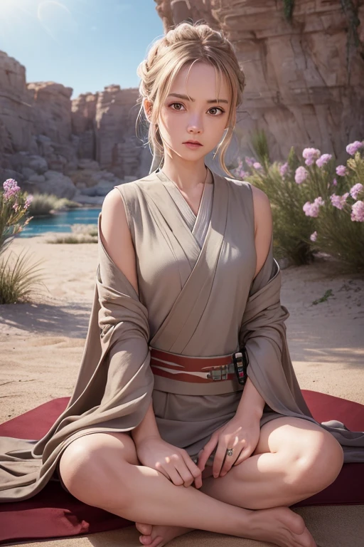 (jedi meditation:1.3), calm photos,1 girl, Jedi Master in deep meditation, In Jedi costumes, sitting cross-legged, (desert oasis:1.1), Surrounded by Blooming Desert Flowers, be in harmony with the force, spiritual retreat, transcendental tranquility, desert enlightenment, disorganized, HDR, Super detailed illustrations, highly detailed face, Raw photo, film grain, skin pores, trending on deviantart