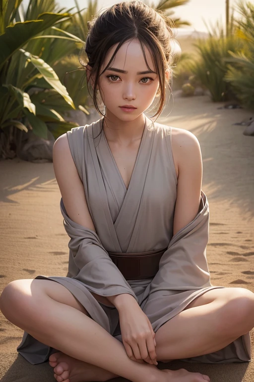 (jedi meditation:1.3), calm photos,1 girl, Jedi Master in deep meditation, In Jedi costumes, sitting cross-legged, (desert oasis:1.1), Surrounded by Blooming Desert Flowers, be in harmony with the force, spiritual retreat, transcendental tranquility, desert enlightenment, disorganized, HDR, Super detailed illustrations, highly detailed face, Raw photo, film grain, skin pores, trending on deviantart