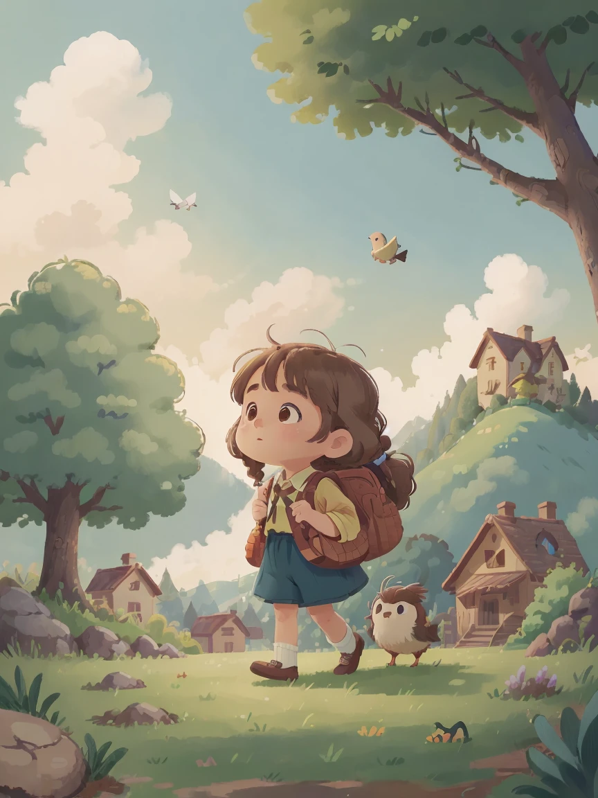 (best quality, 8K, high resolution, masterpiece:1.2), Super detailed, (actual, realistically:1.37), bright colors, magical atmosphere, The sky is covered with clouds，Mountain trees，Background city buildings 1.4， （Girl with brown hair，Double braids on both sides）cartoon girl carrying a schoolbag in the field，A bird flies overhead, ,With a cute bird on the grass,