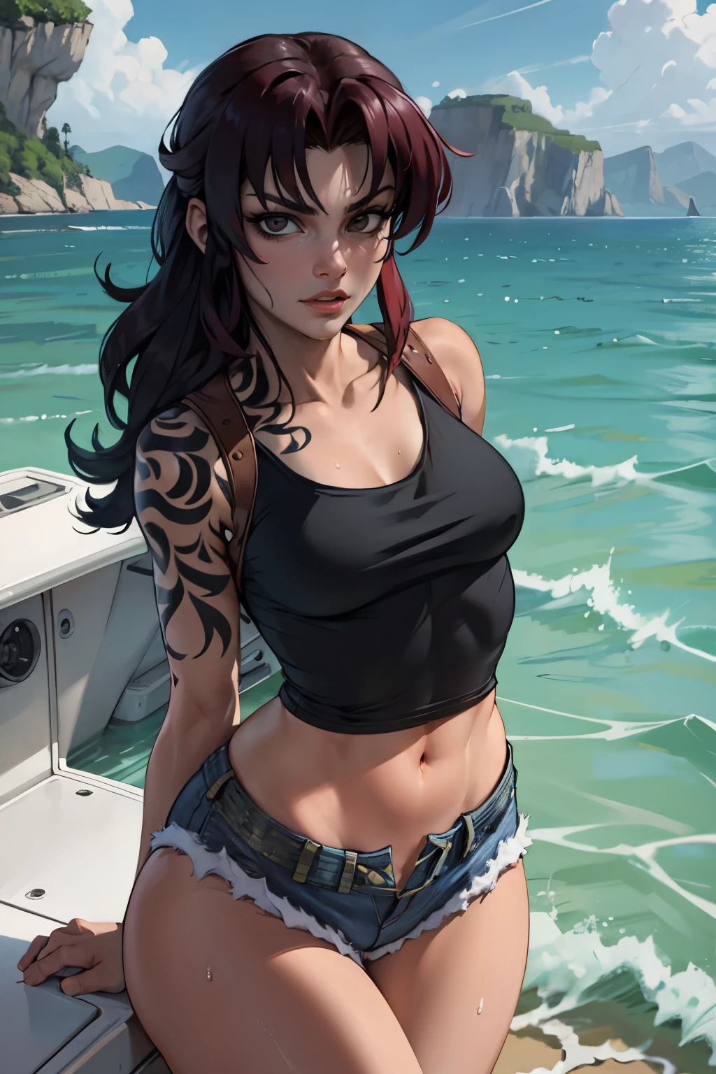 digital art, Revy, masterpiece, best quality, sexy pose, at small modern speedboat, denim shorts, black tank top, wet skin