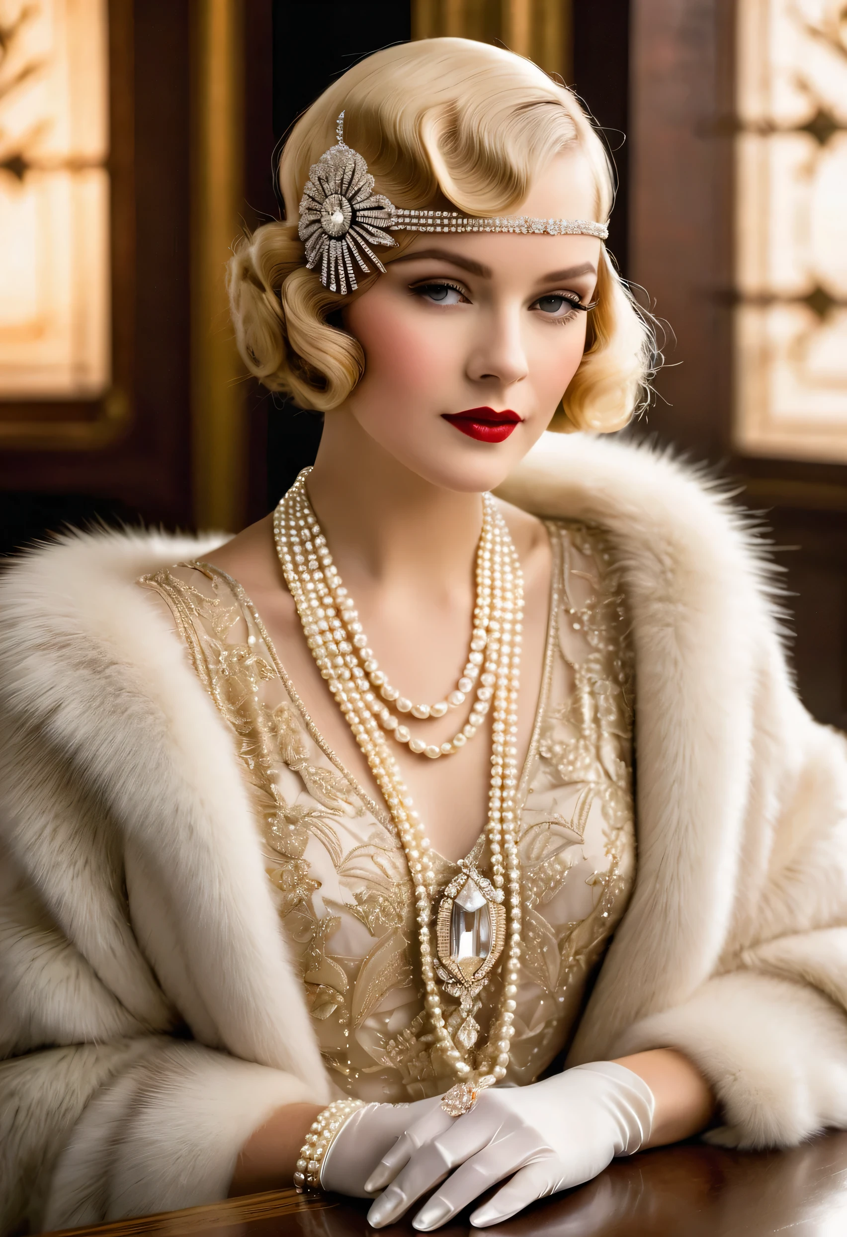 special high resolution, Masterpiece, precise, textured skin, Superb details, Highly detailed, High quality, won, best quality, high resolution, 16k,Woman wearing fashionable clothes sitting at table,coffee in hand, , Style 1 9 2 0 S, 1920's style, Roaring 19 year old, Fabric type 1 9 2 0 S, Dress according to modern fashion, Roaring Nineteen, Retro 1920's dystopian vibe., art deco era,(Blonde:1.34),wearing a fur coat,wearing pearl jewelry,Advanced custom lace clothing,perfect finger,bright, white skin,Very clear., &claim;The Great Gatsby&claim; slide,Luxurious pearl and diamond rings,bracelet,Dress in 1920's fashion., 1920's hairstyles, Style 1 9 2 0 S, 1 9 2 0 clothes, Fabric type 1 9 2 0 S,art deco,wearing a golden iron mask,high resolution,