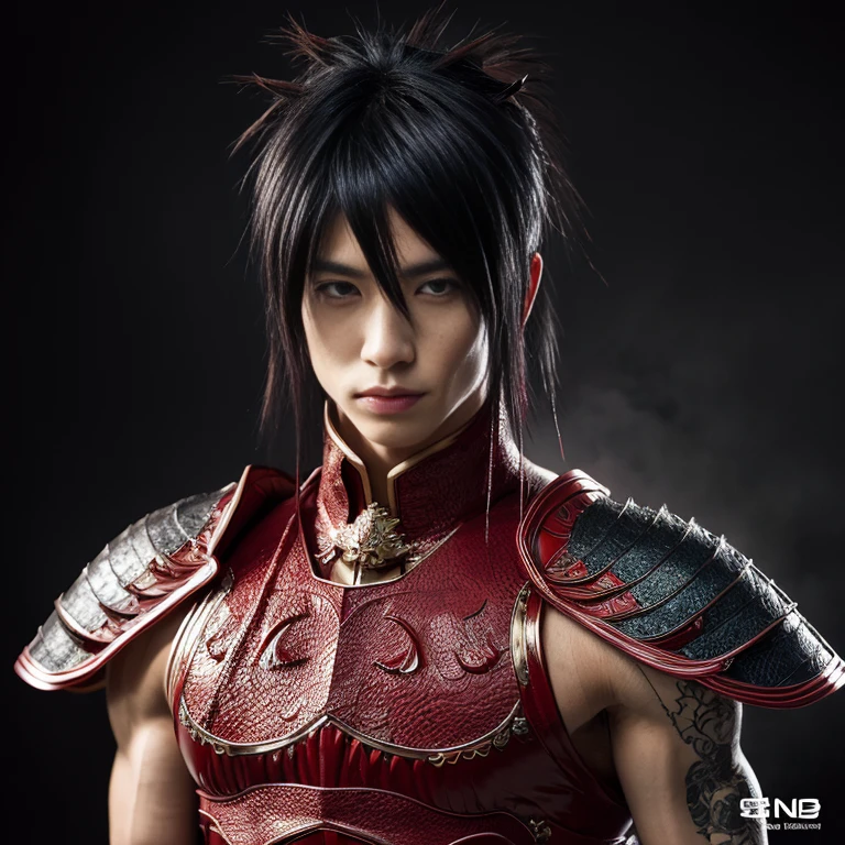 1 man, Japanese man, male, Asian eyes, muscular, broad shoulders, dragon,hairstyle Visual Kei style, hair Visual Kei, outfit H.R. Giger, ultra detailed face, hyperrealistic, realistic representation, 30 years old, ,age 30 years