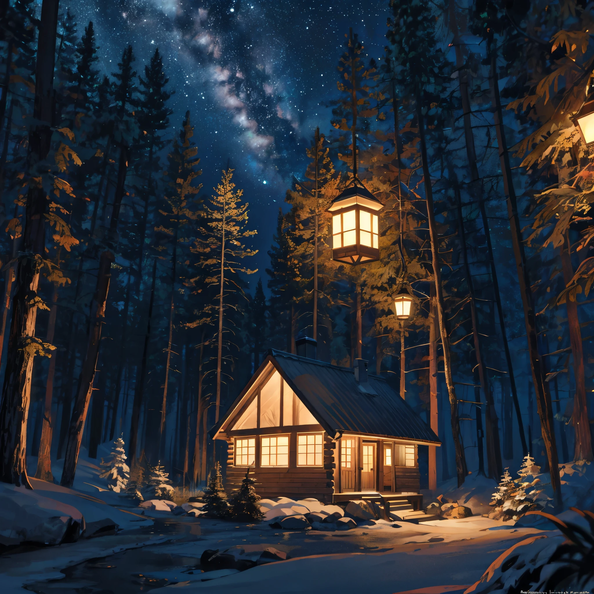 Generate an image of a cabin in the middle of a dark forest at night. Concentre-se na cabine e enfatize a porta como ponto central da imagem. A cabana deve parecer velha e misteriosa, incorporating elements typical of a horror film setting, no specific seasonal characteristics.