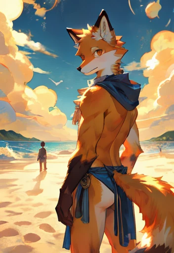 masterpiece, high quality, there&#39;s nothing there, digital painting \(artwork\), by kuroisumi, Yeah,kiyosan. soft lighting, alone, (A non-human male fox), (orange body), sunlight, beach, loincloth, Ocean, cloud, dark, bright, sand, From the side, necklace. material, panorama,portrait,135mm,looking at the viewer,character focus. detailed background,amazing background,outdoor,scenery,particles of light, kemono, (cute), butt