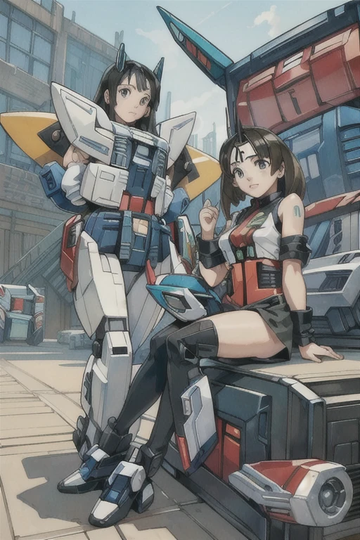 masterpiece, highest quality, (Transformer-), (A perfect and pretty human female face), All of the bodies have their internal skeletons exposed except for their faces., None of them are wearing exoskeletons., Everyone is showing off their bodies, lively, colorful, Inside the maintenance workshop, Under maintenance, Wide scree-The, 背景の整備中のAutobot, sitting, master piece, multiple, Some are in the process of transforming into beagle mode for planes and cars., Autobot, (6+Transformerー:1.9)