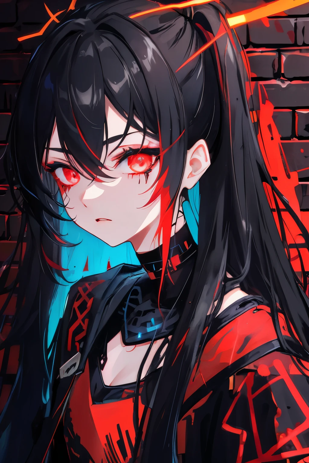best quality, intricate details, chromatic aberration,
1girl, long hair, black hair, messy hair, red highlights, hair over one eye, red eyes, sharp eyes,
choker, neon shirt, torn legwear, open jacket,
against wall, brick wall, graffiti, glowing grafiti, glowing tattoos, glow, neon lights,
blacklight,