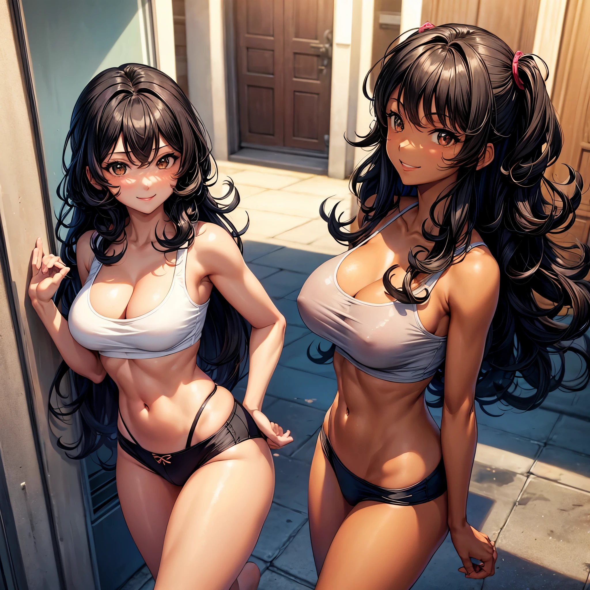 tan skin girl, curly black hair, brown eyes, no shirt, black bra, tight panties, big thigs, teaseful smile, anime art style