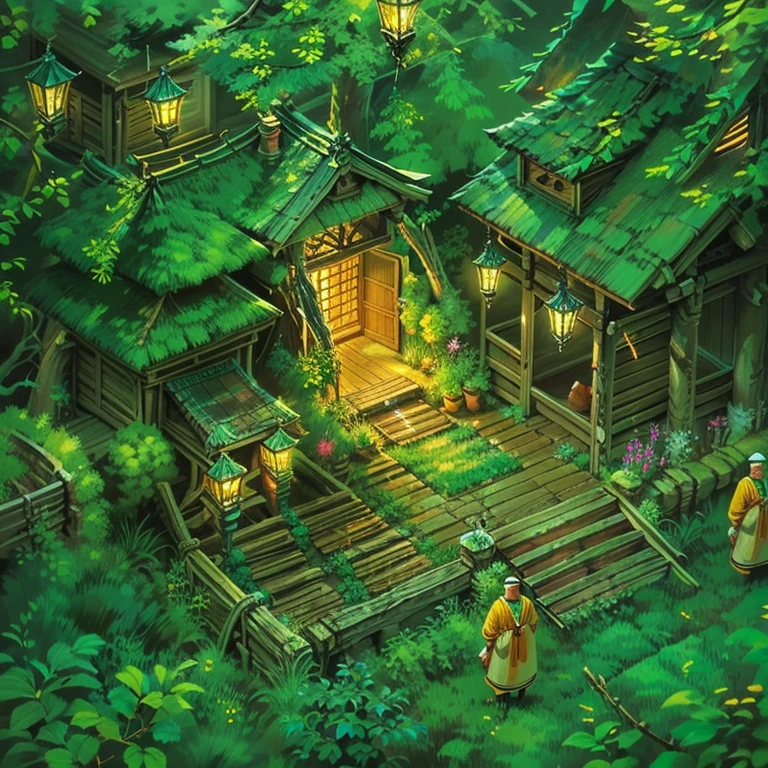 Hand painted illustration with marked strokes, casa de madera con engranaje dorados, escaleras de madera, y dos guardias de amarillo en la entrada  , isometric, vista aerea, close up,
