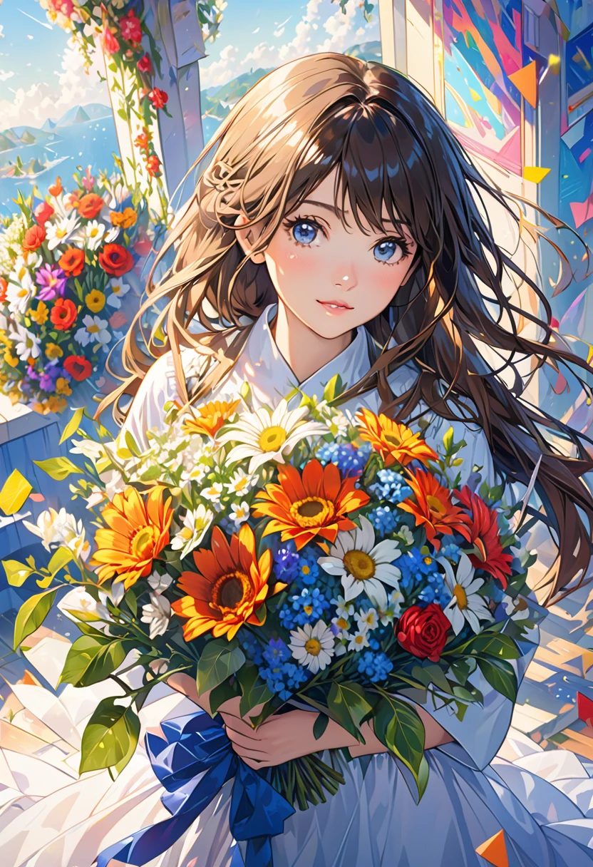 (ultra-detailed background, detailed background), disorganized, High resolution, super detailed, very detailed, 1 girl, (bouquet:1.3), (tangled:1.2), (geometric:1.2),(colorful),