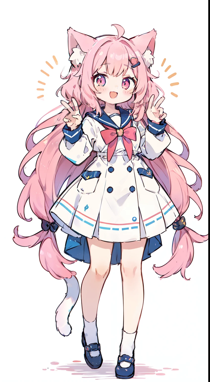 1 girl、((Whole BodyEsbian、standing pictures:1.2)), best quality、masterpiece、pink hair, long hair, two knots, Cat ear、Light color sailor suit、Fan band、laughter、cat pose、Slightly open smile、White background