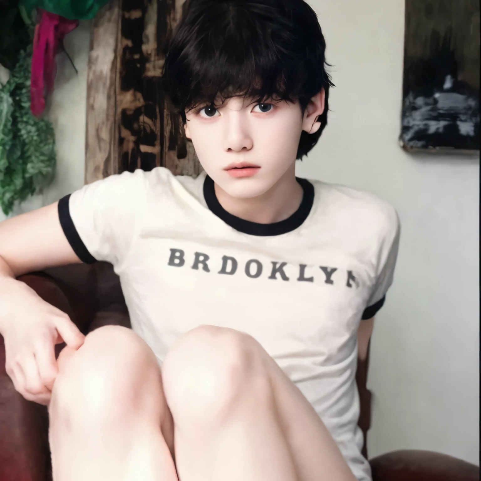 there is a boy sitting in a brown chair with his legs crossed, beautiful androgynous girl, androgynous person, um non-binary model épico, androgynous, androgynous male, non-binary model, jovem, Tommy 1 6 anos, androginia, androgynous face, 18 anos de idade, Bradley Wright