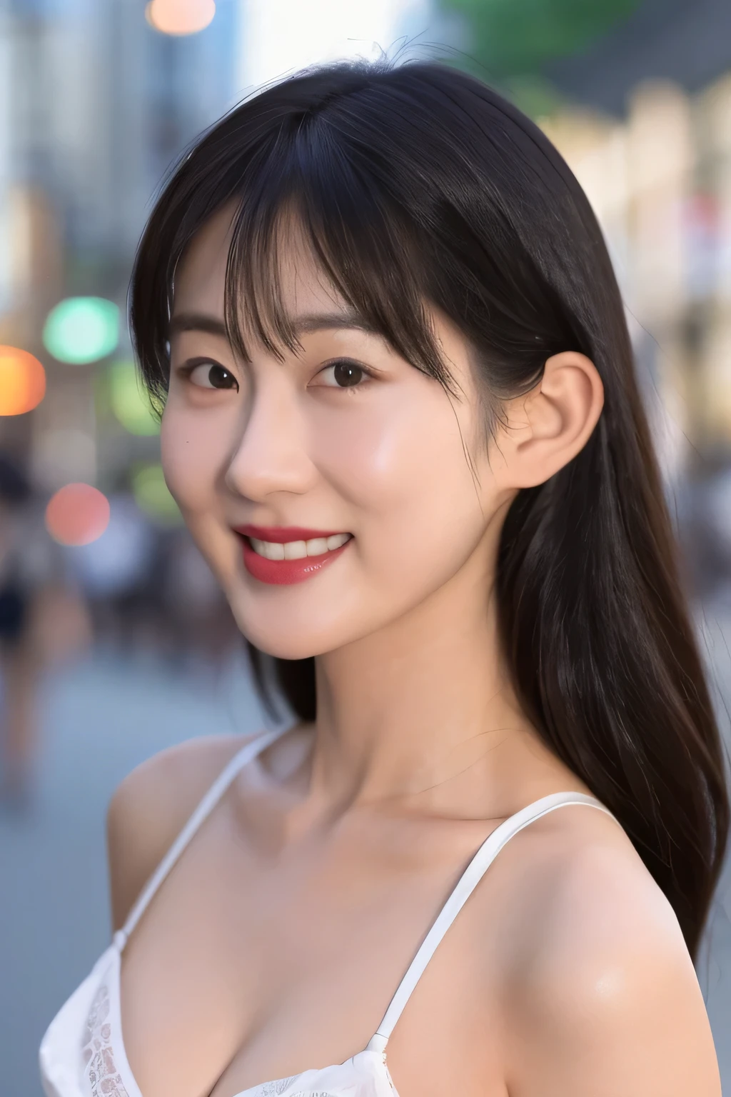 NSFW:1.5,((highest quality、8K resolution、master masterpiece、portrait:1.3)), Photoreal, 35mm film, 1 Japanese female, Upper body、on the street during the day, wrinkles around the eyes、plump body、black hair、smile,((white bra_panties:1.3)) , (outdoor:city street 1.3), jumbled background,look at the audience,Tokyo cityscape:1.3,smile