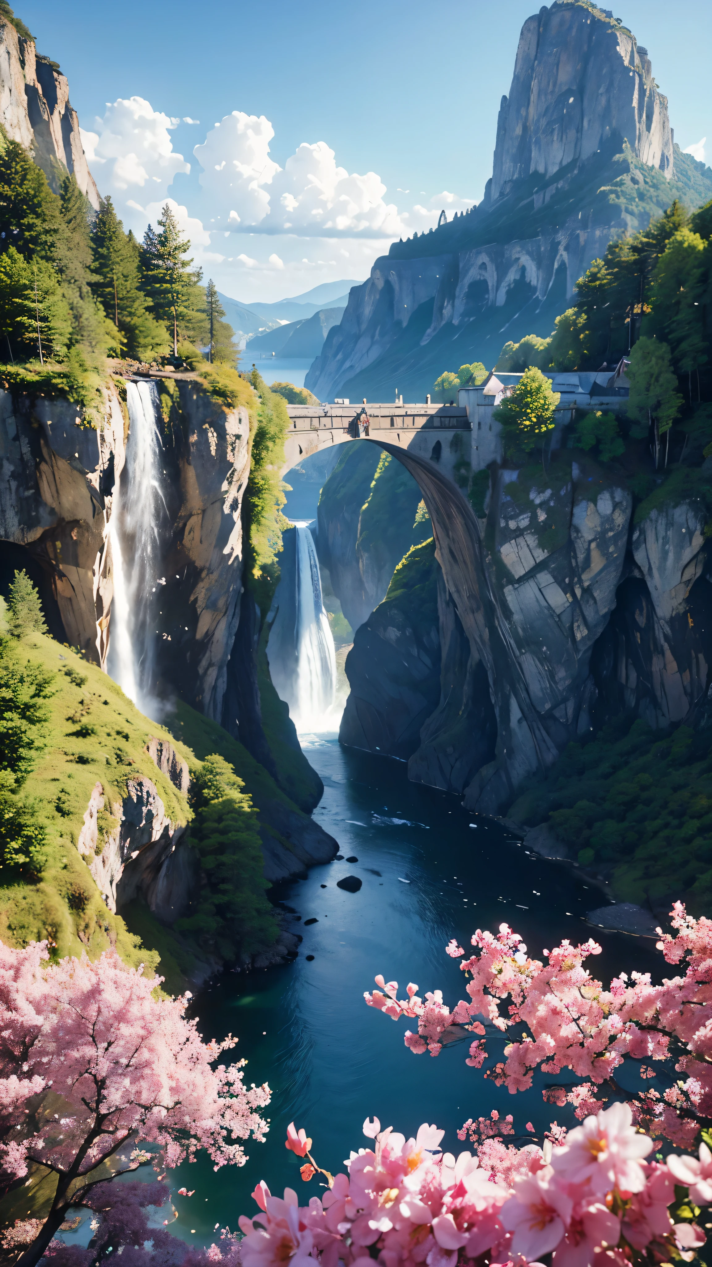 masterpiece, best quality, high quality, extremely detailed CG unit 8k wallpaper, landscape, outdoor, sky, cloud, day, great medieval castle, no humans, mountain, landscape, water, tree, blue sky, waterfall, cliff, nature, lake, river, village, autumn, cloudy sky, multicolored flowers, award-winning photography, Bokeh, depth of field, HDR, bloom, chromatic aberration, photorealistic, extremely detailed, trend on artstation, trend on CGsociety, Complex, High Detail, dramatic, art by midjourney