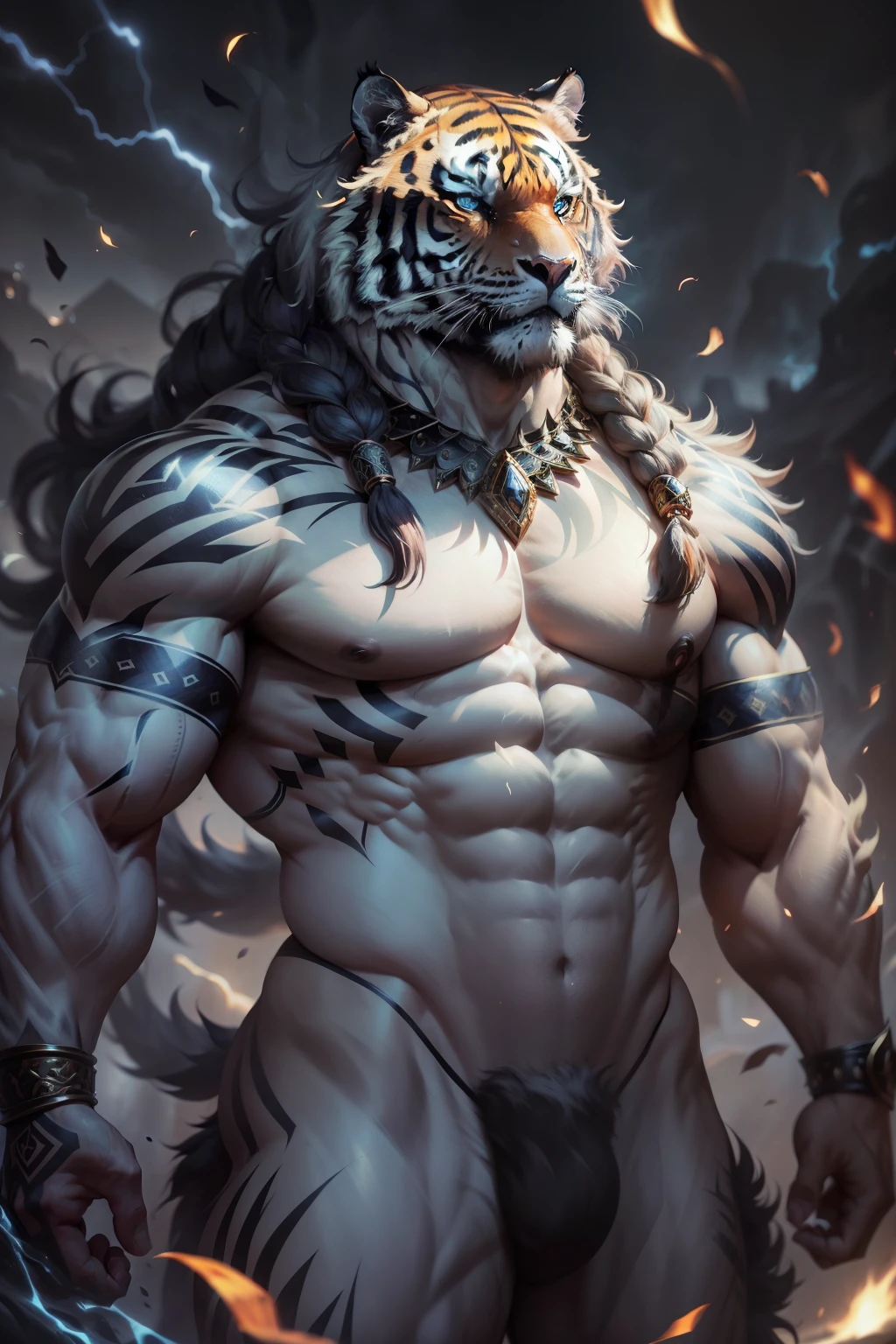 A striking image of a tiger male with a muscular physique and thick, lustrous hair, reminiscent of the captivating allure of the Middle East. The subject stands confidently, exuding raw power and dominance, while a captivating aura of nudity adds an intriguing layer of vulnerability.
