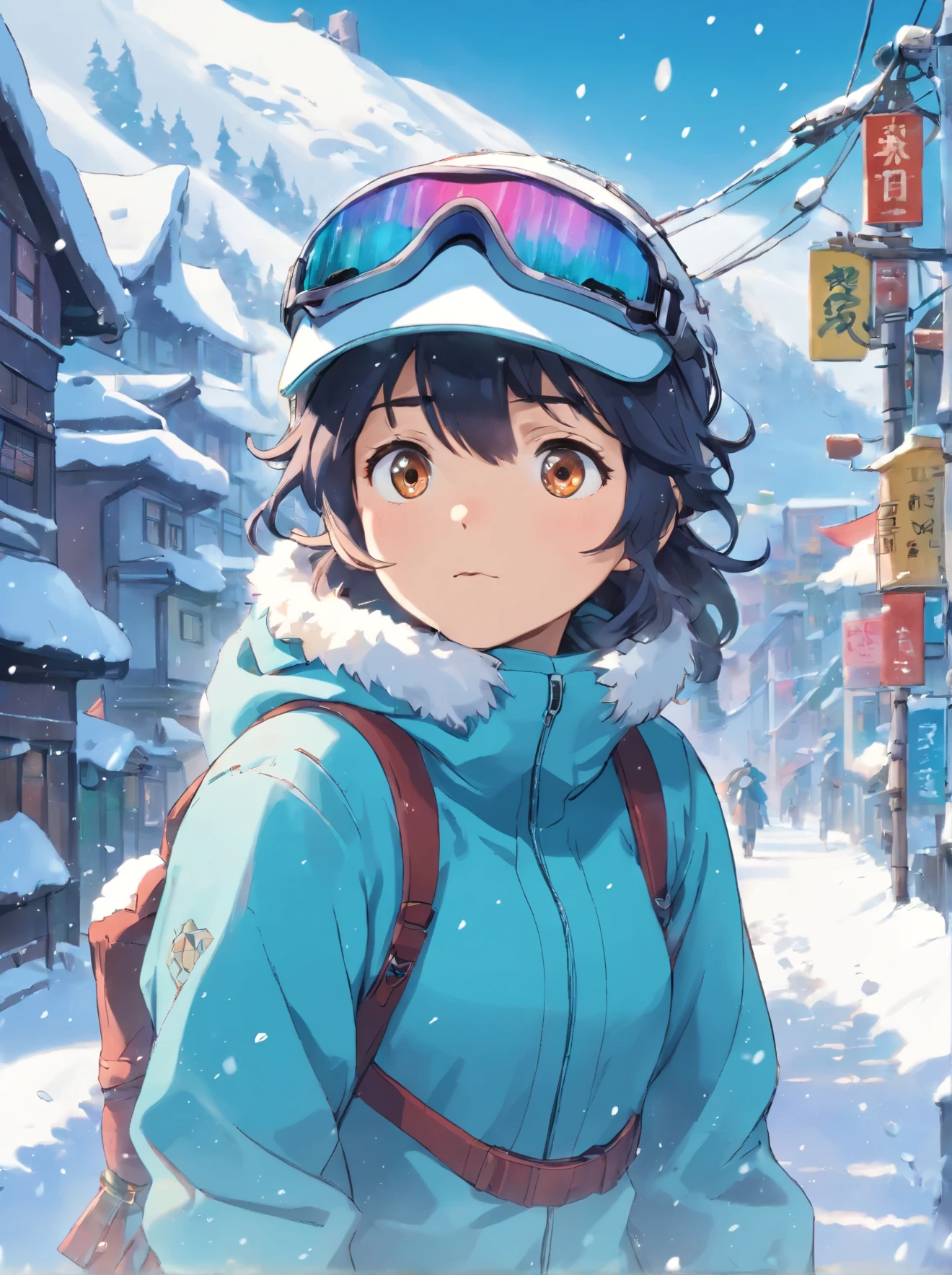 Uma personagem feminina em meio ao caos de um ataque DDOS, your eyes hidden behind a snow-covered visor. She remains resolute in a dystopian world where pandemonium unfolds before her. This work of art combines the unique styles of cartoon and realism, retratando uma personagem com uma viseira coberta de neve que obscurece seus olhos, emphasizing the obscured vision and the world in turmoil. Tiro de snowboard, gelo, nevasca