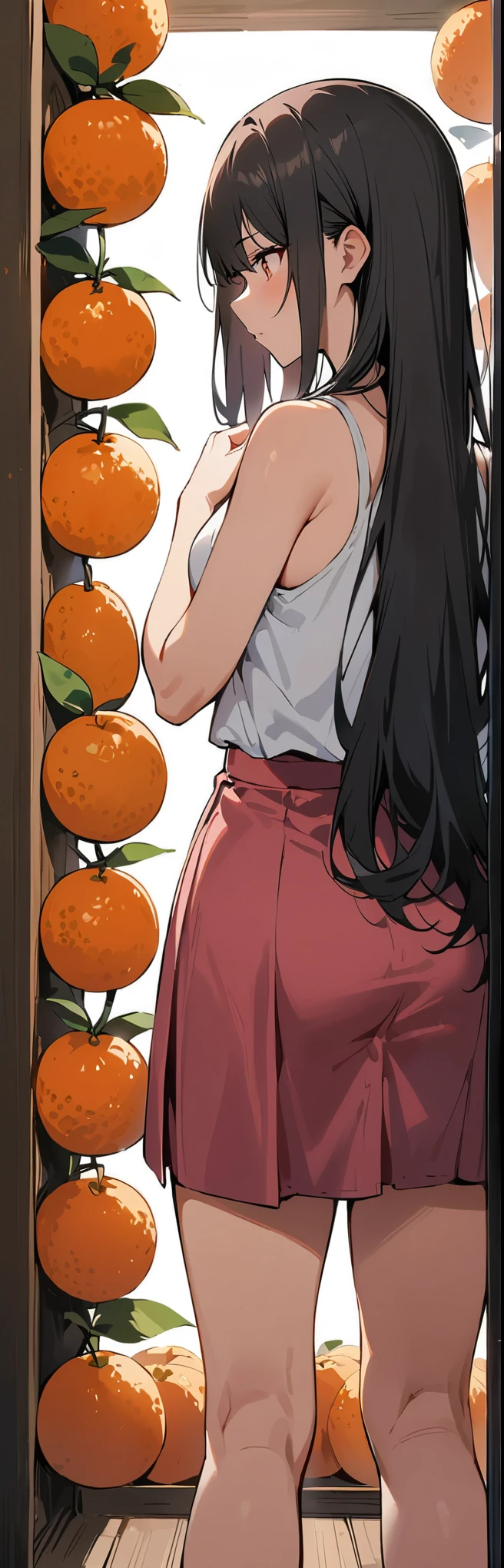 (masterpiece, best quality:1.2), 1 girl, alone,permanent_,
Mandarin oranges, long hair,Black无袖短背心,pink skirt,Black