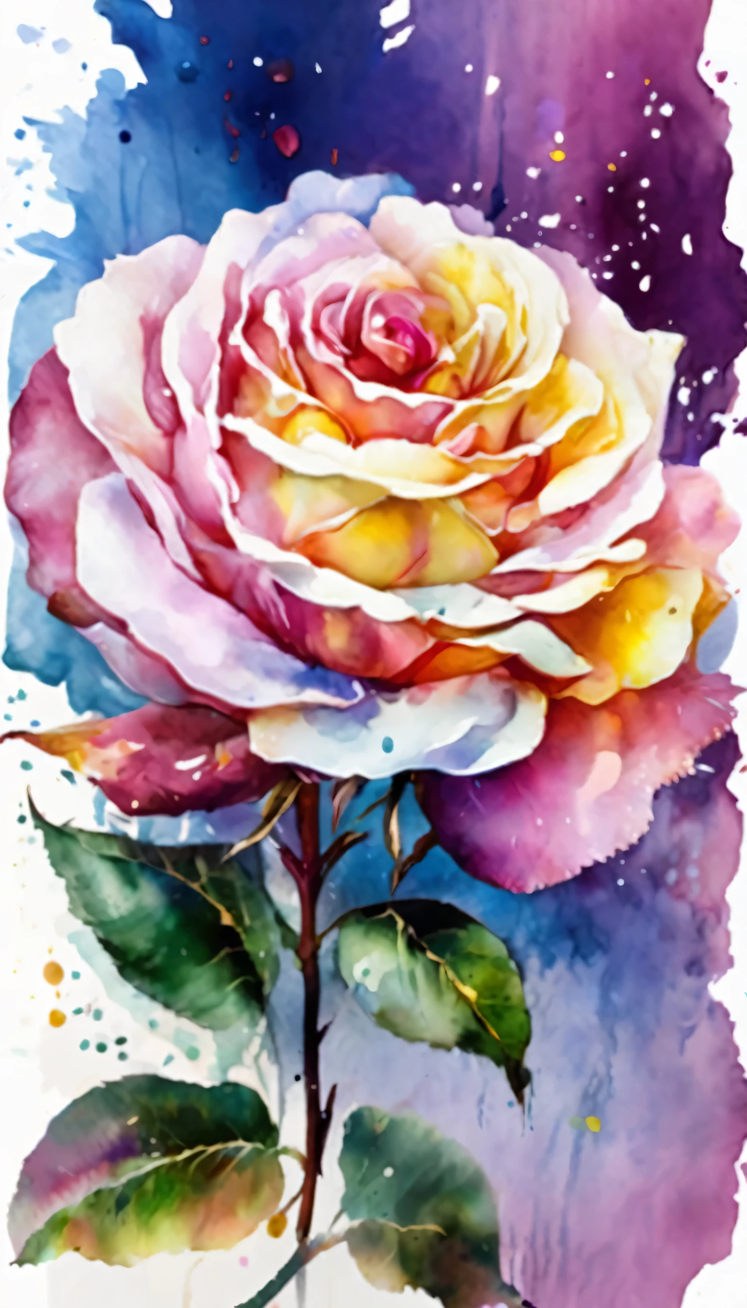 watercolor flower painting isolated on white background、Rainbow Rose、watercolor painting、Splash technology that reproduces wet conditions、blurry atmosphere、unique configuration、Abstract expression、Contains elements of surrealism、pale colour調、Pale pink and gold color scheme,、High resolution details、ink splash effect、pale colour。