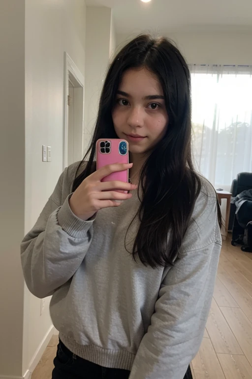13 year old girl with black straight hair wearing casual clothes taking a selfie