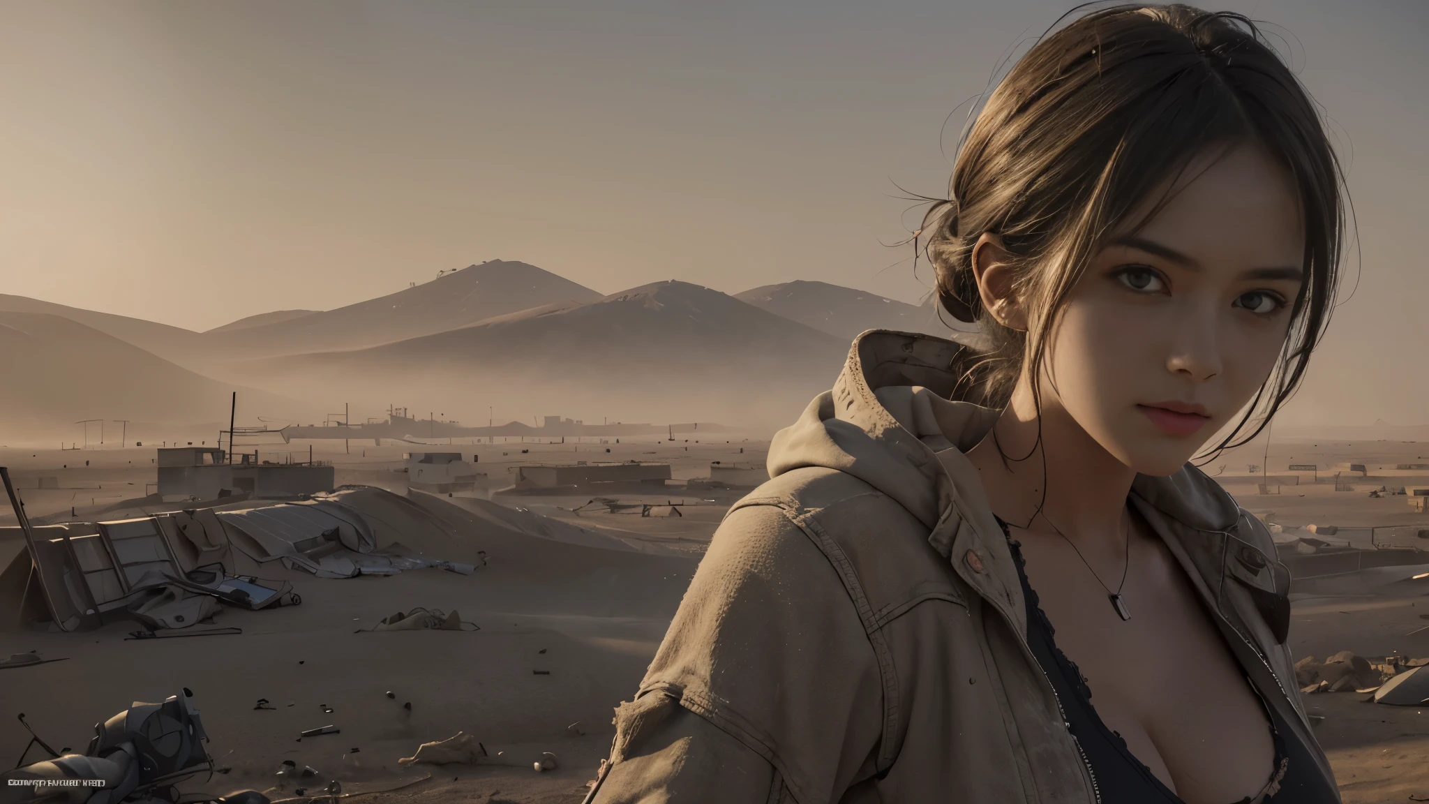 (Super detailed,best quality,high resolution:1.2),(actual:1.37),post apocalyptic,Desert wasteland,barren landscape,city ruins,sandstorm,Fierce sunlight,dusty atmosphere,War-torn,tattered clothes,,dystopian,desolate,futuristic,severe,Gritty,full of action,faded color,dirt, dusty, it's foggy, evening sun,dazzling lights, (a girl, Detailed face, sexy, big breasts), pastel colors, dirty, dusty, actual lighting and shadowing, high resolution, Super detailed, 1 young girl,Cinema-level lighting effects,(medium distance lens)