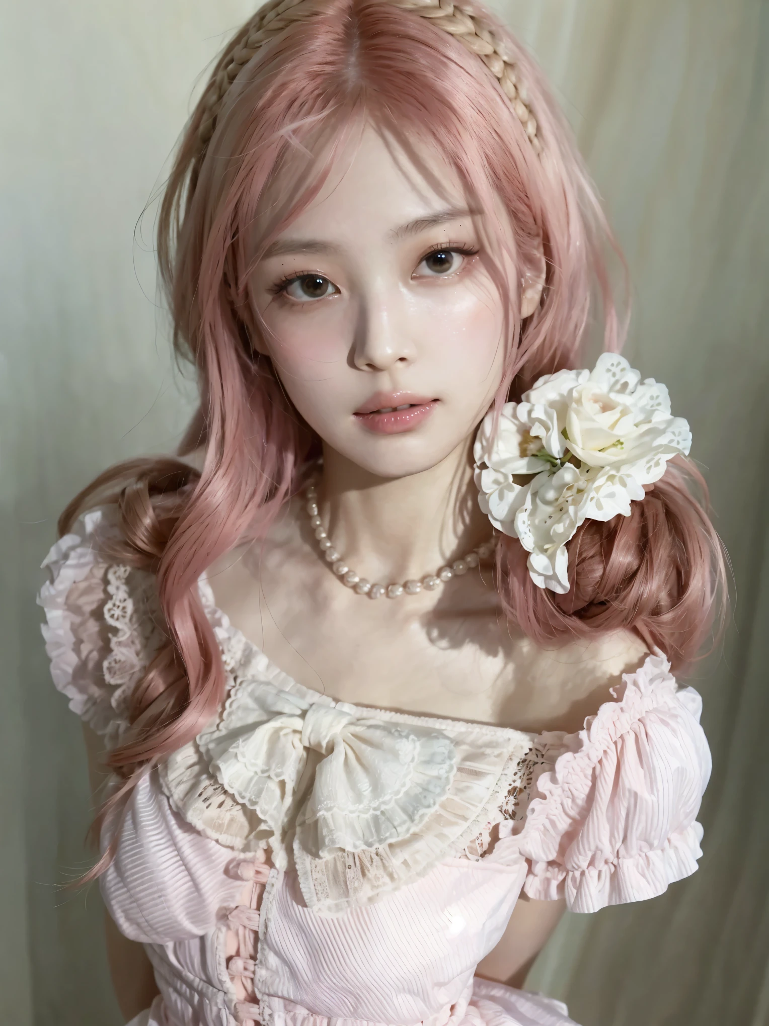 there is a woman com cabelo rosa and a flower in her hair, Bela Delfina, magical lolita girl portrait, Ulzzang, flowing pink hair, fairy core, com cabelo rosa, pale porcelain white skin, Retrato de Jossi do Blackpink, pastel rosa, pale milky white porcelain skin, penteado com corte hime branco, tom de pele rosa pastel, magical girl portrait