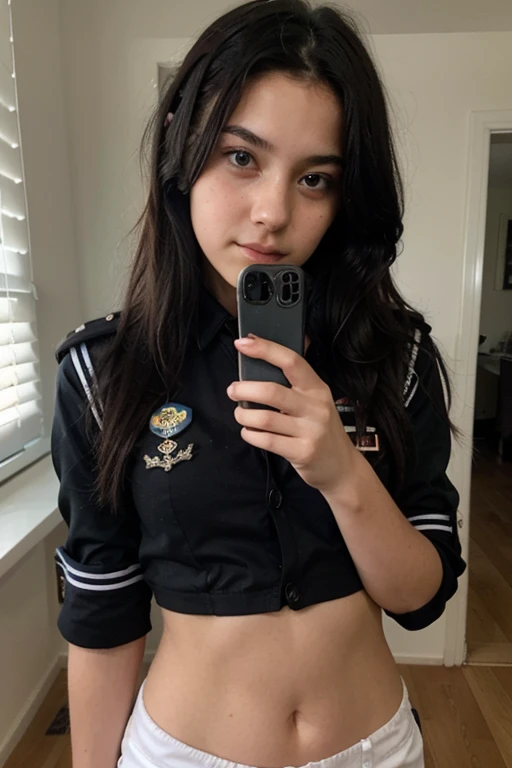 13 year old girl with black straight hair in uniform taking a selfie