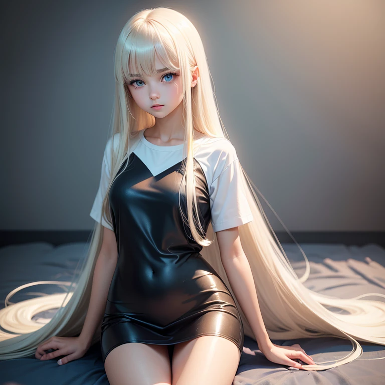 unparalleled beauty, Shiny firm and glossy skin, bangs between eyes, Beautiful shiny straight platinum blonde, super long straight silky hair, eyeliner, Sexy beautiful innocent , High resolution big big beautiful bright blue eyes, beautiful and nice girl, baby face, short sleeve shirt