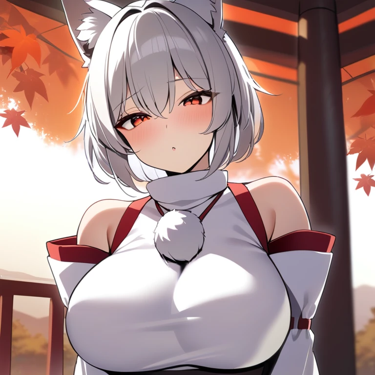 best quality, masterpiece, highres, solo, masterpiece,best quality,momiji_touhou, inubashiri_momiji_touhou, 1girl, detached_sleeves, bare_shoulders, pom_pom_, clothes, large_breasts, sinple autumn background, 