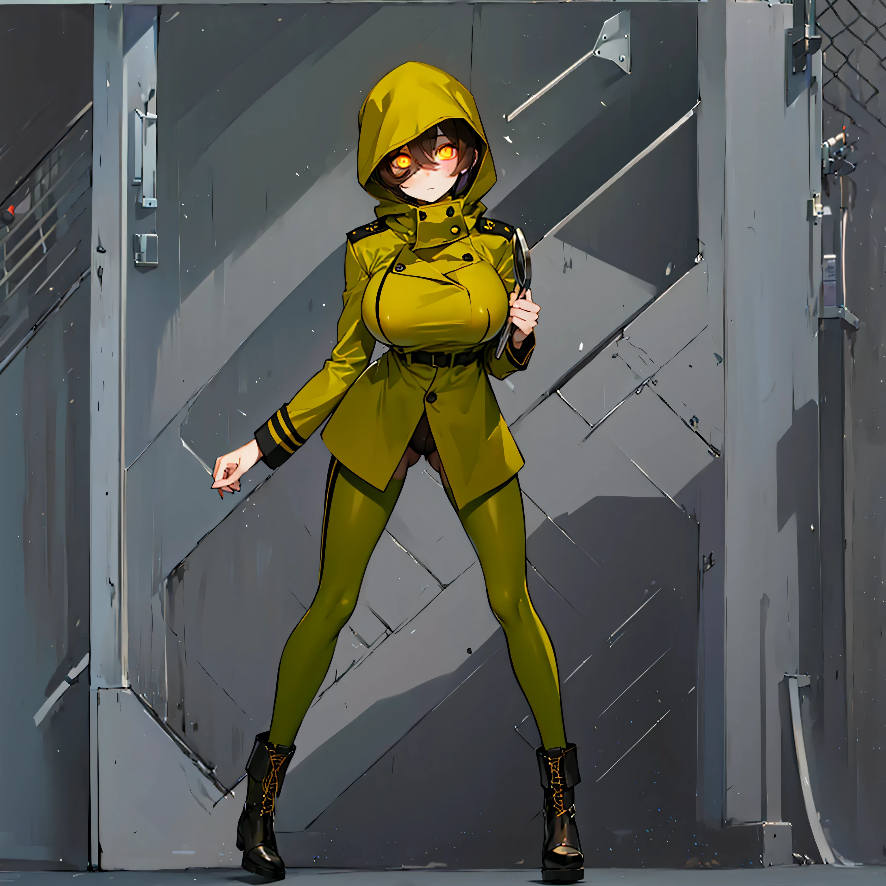 (solo cute girl standing in trench:1.3), (light brown hair:1.2) , (very long legs), (skinny long legs), (very short torso), swaying back, BREAK, (open legs:1.2), tiptoe, pigeon toed, BREAK, (bouncing unaligned large breasts:1.2), perky breasts, thin waist, BREAK, (dark brown military uniform:1.4), (hood covers face), trousers, military boots, BREAK, nose blush, looking at viewer, BREAK, (glowing golden eyes:1.6), BREAK, (wire entanglement fence in background), BREAK, (masterpiece, best quality, ultra-detailed:1.5), (nsfw:0.8), coverd erectile nipples, cameltoe