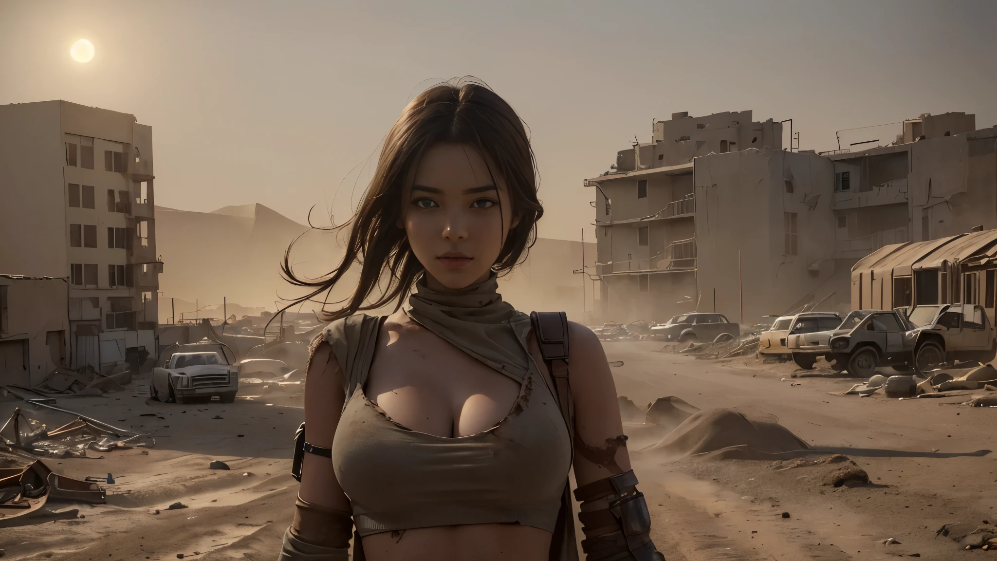 (Super detailed,best quality,high resolution:1.2),(actual:1.37),post apocalyptic,Desert wasteland,barren landscape,city ruins,sandstorm,Fierce sunlight,dusty atmosphere,War-torn,tattered clothes,,dystopian,desolate,futuristic,severe,Gritty,full of action,faded color,dirt, dusty, it&#39;s foggy, evening sun,dazzling lights, (a girl, Detailed face, sexy, big breasts), pastel colors, dirty, dusty, actual lighting and shadowing, high resolution, Super detailed, 1 young girl，Cinema-level lighting effects,(medium distance lens)