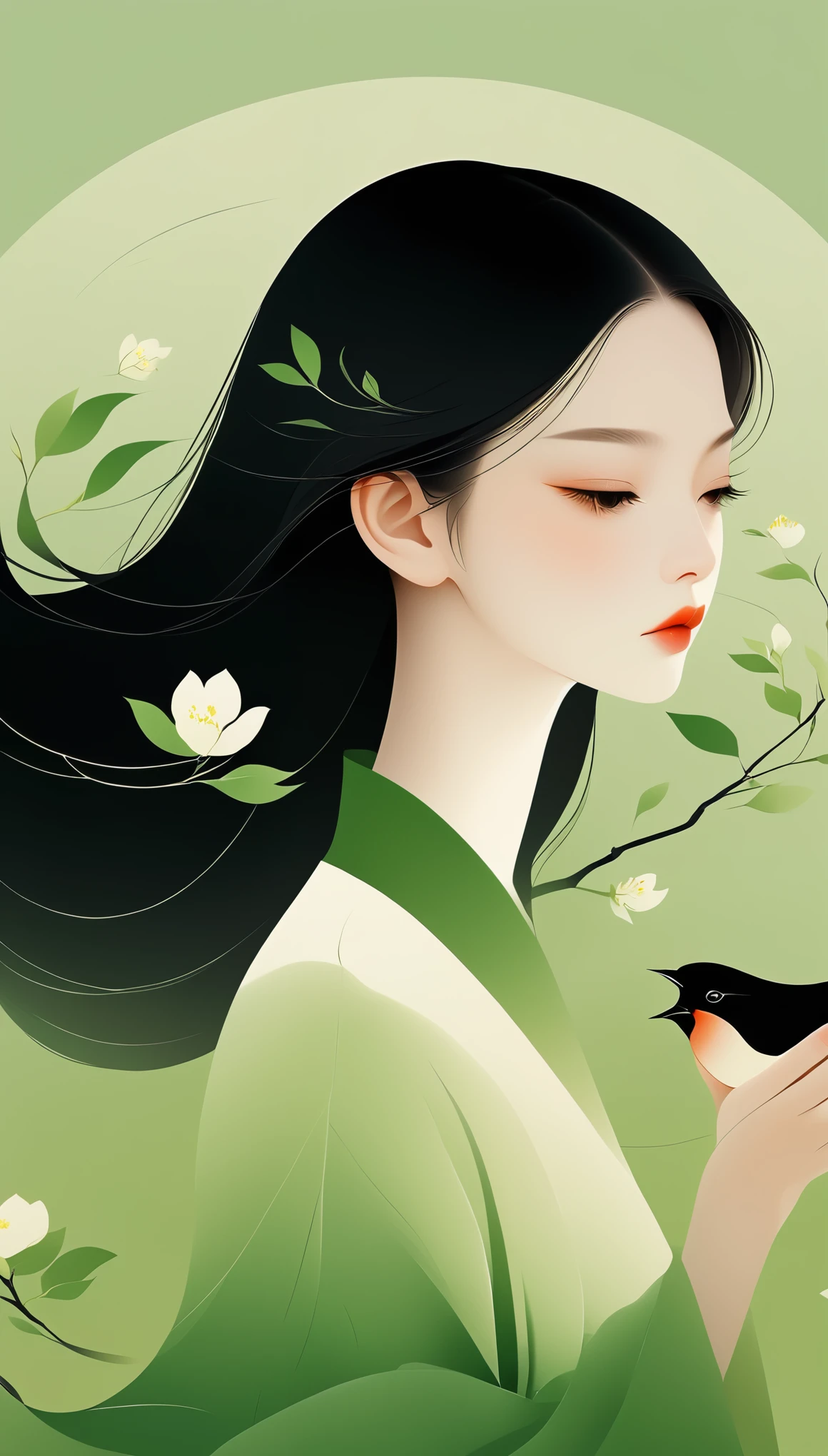 vector，flat form style，illustration，minimalist，数字艺术illustration，1 girl，Unique，long black hair，pretty face，portrait，Shoulder，beautiful hands，It is artistic conception，Abstract，green tint，pear blossom